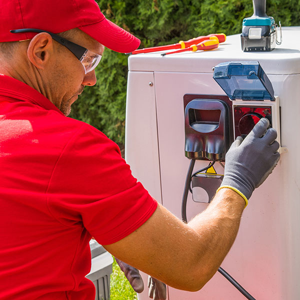 A technician repairing a heat pump