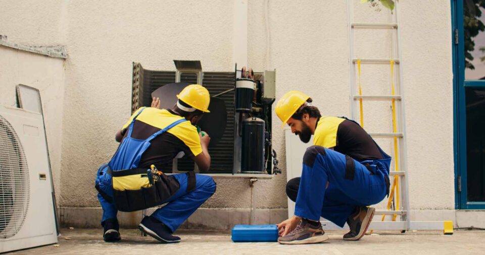 Two technicians repairing an outdoor AC unit at a San Joaquin County property