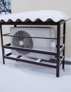 Outdoor AC unit covered with snow during winter season for protection